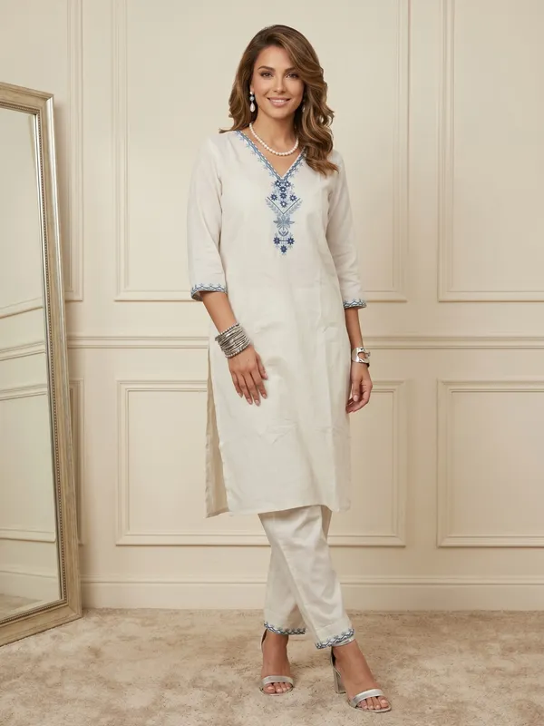 White_Cotton_Embroidered_Kurta_Pant_Set_For_Women