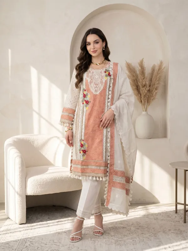 Peach_And_White_Embroidered_Kurta_Set_With_Crochet_Work_Dupatta_For_Women
