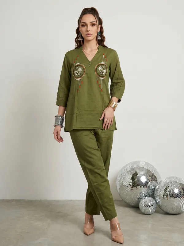Olive_Green_Embroidered_V-Neck_Co-Ord_Set_For_Women