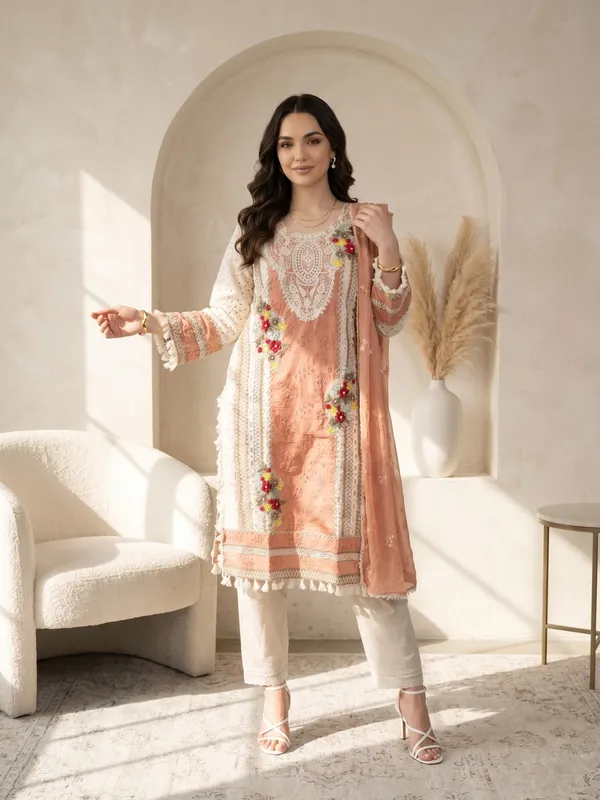 Peach_And_White_Embroidered_Kurta_Set_With_Crochet_Work_Dupatta_For_Women