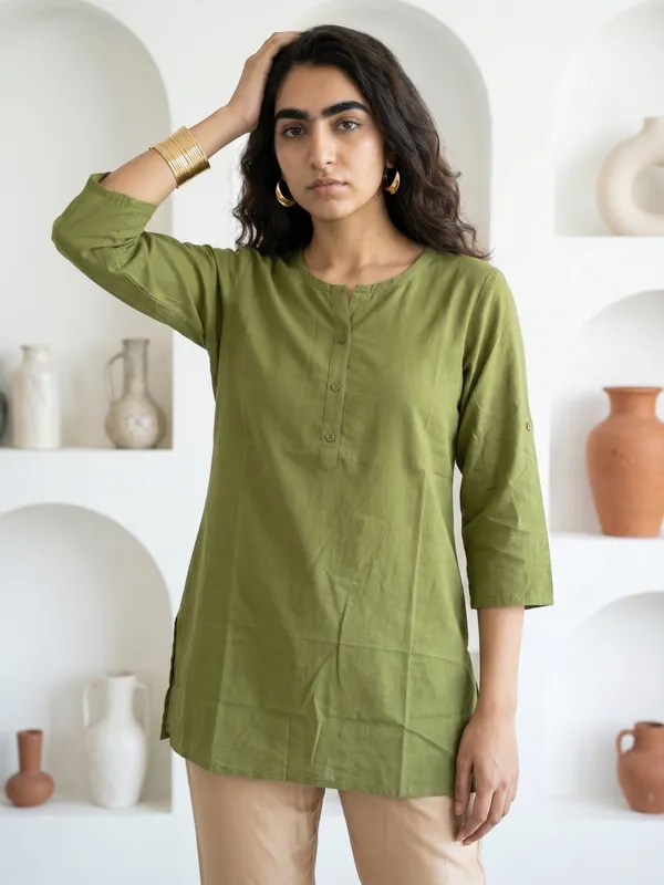 Olive_Green_Cotton_Short_Kurta_For_Women
