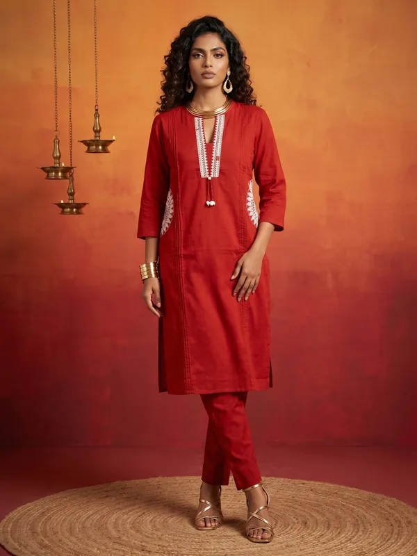 Red_Cotton_Embroidered_Straight_Kurta_Set_For_Women