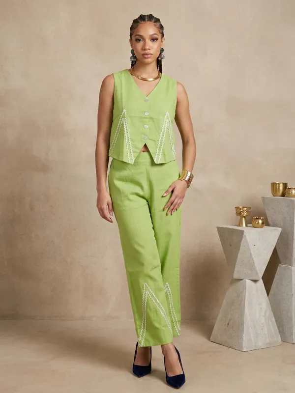 Lime_Green_Pearl_Embellished_Vest_And_Trouser_Set_For_Women