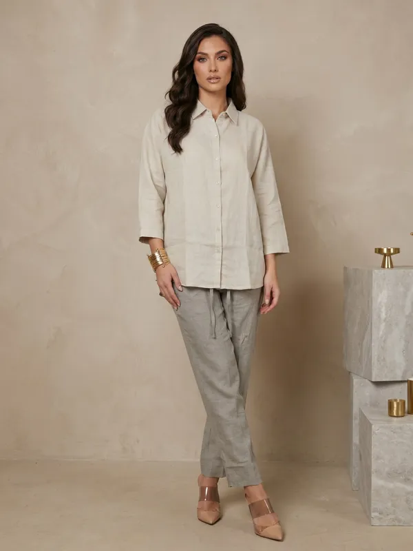 Beige_And_Grey_Linen_Layered_Co-Ord_Set_With_Embroidered_For_Women