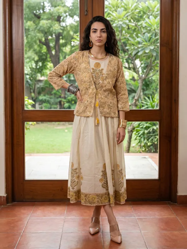 Yellow_Embroidered_Ethnic_Jacket_Dress_Set_For_Women