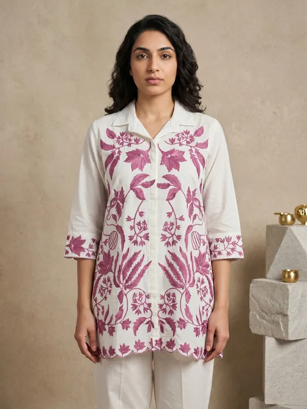 White_Cotton_Embroidered_Kurta_Pant_Set_For_Women
