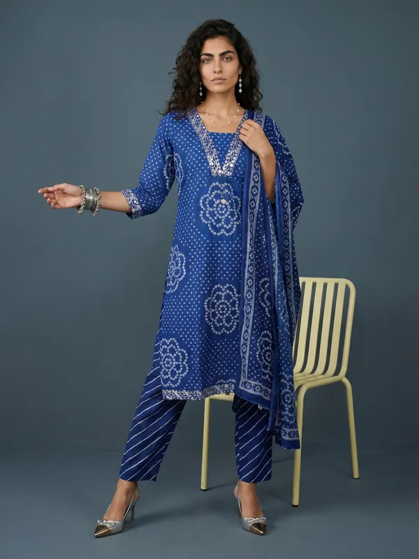 Blue_Bandhani_Print_Cotton_Kurta_Pant_Set_For_Women
