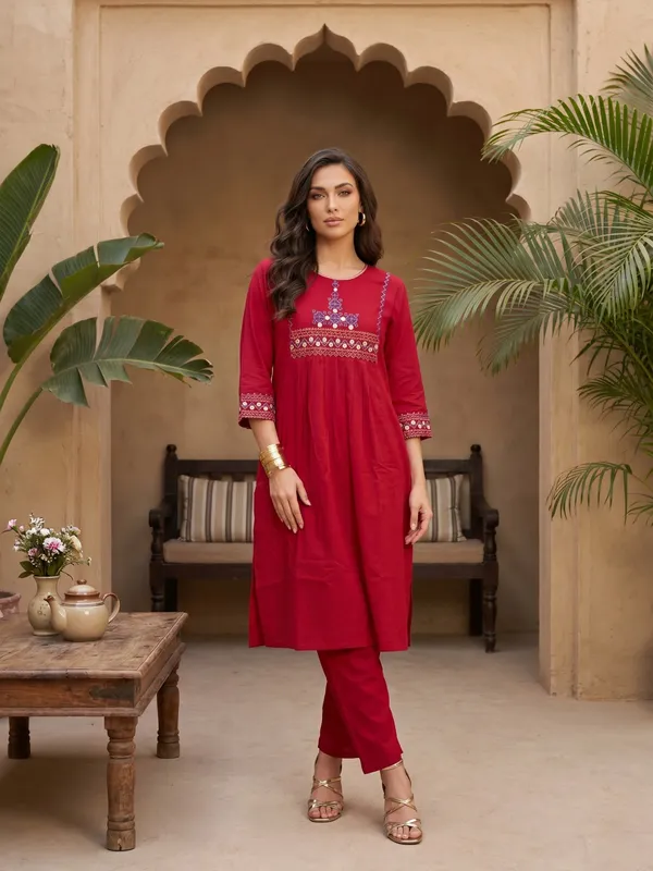 Red_Embroidered_Kurta_Set_For_Women