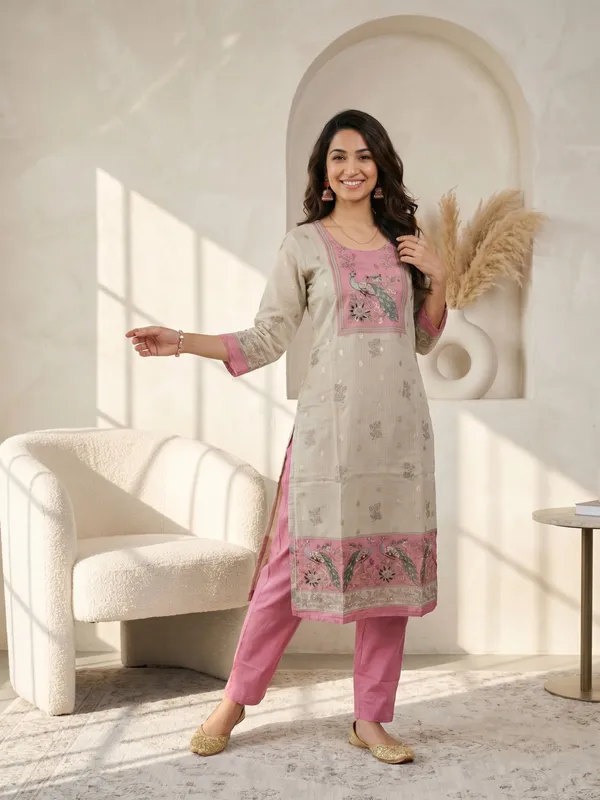 Beige_And_Pink_Embroidered_Kota_Doria_Ethnic_Suit_Set_For_Women