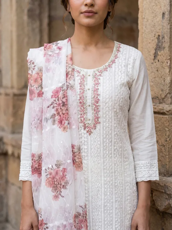 White_Peach_Chikankari_Embroidered_Unstitched_Suit_Set_With_Floral_Dupatta_For_Women