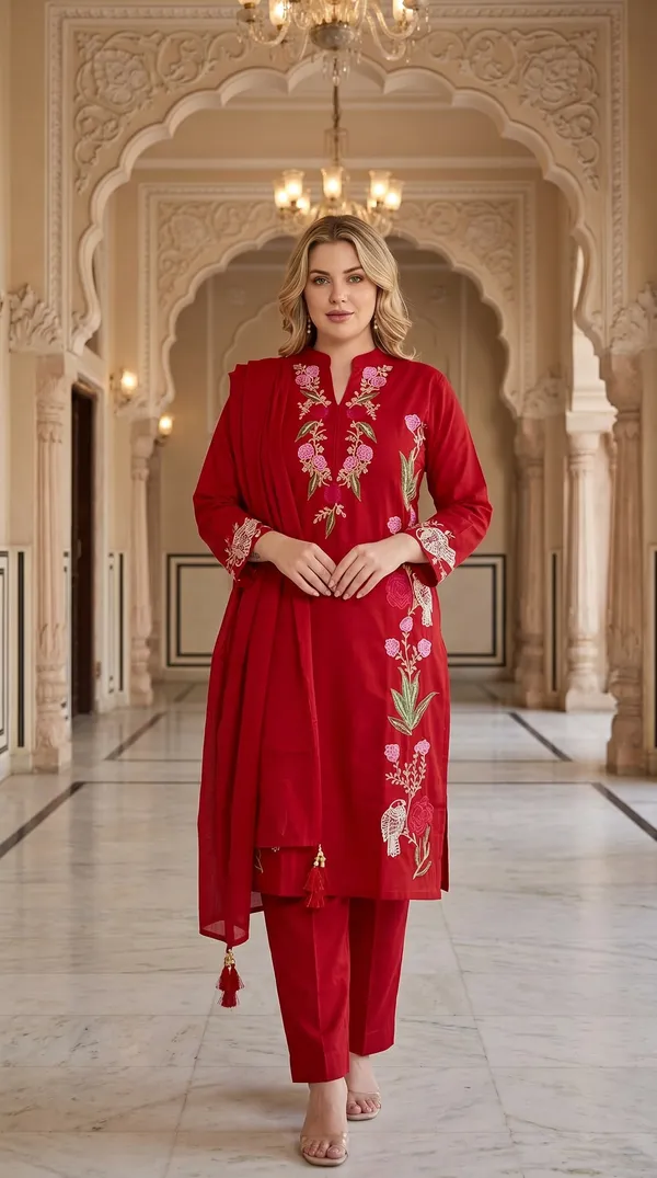 Red_Embroidered_Cotton_Kurta_Set_For_Women