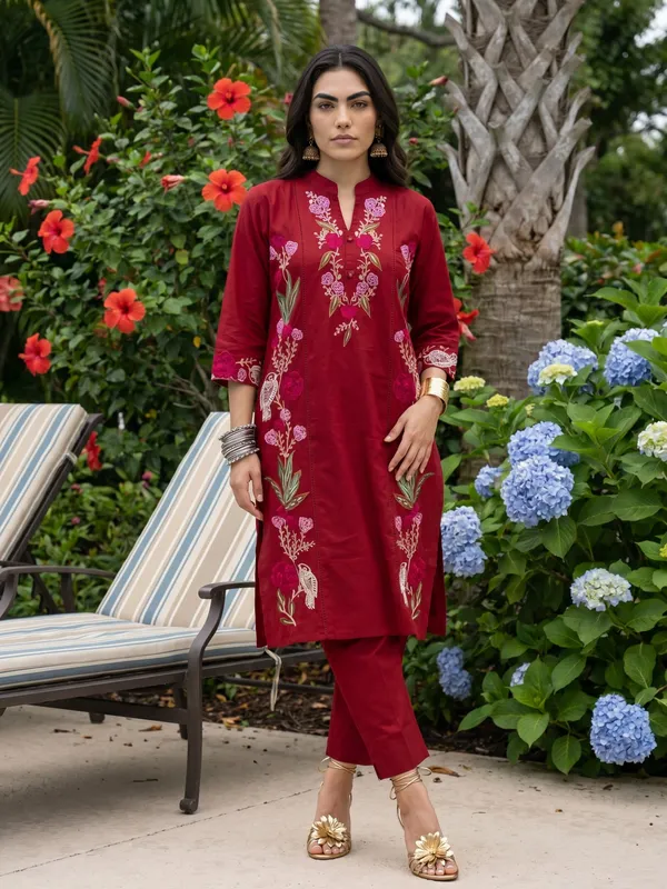 Red_Embroidered_Cotton_Kurta_Set_For_Women
