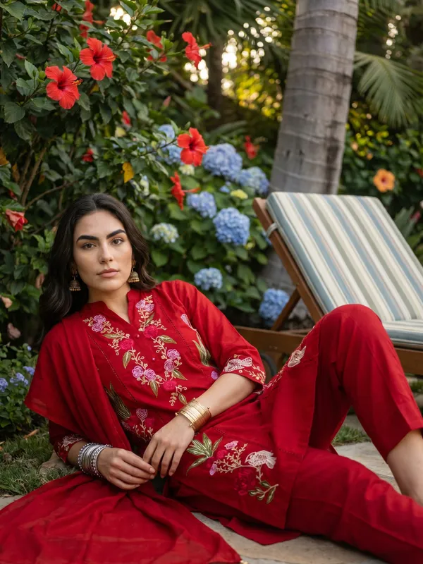 Red_Embroidered_Cotton_Kurta_Set_For_Women