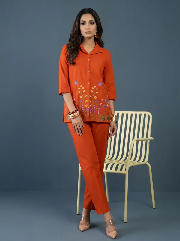 Orange_Embroidered_Cotton_Shirt_And_Pants_Set_For_Women