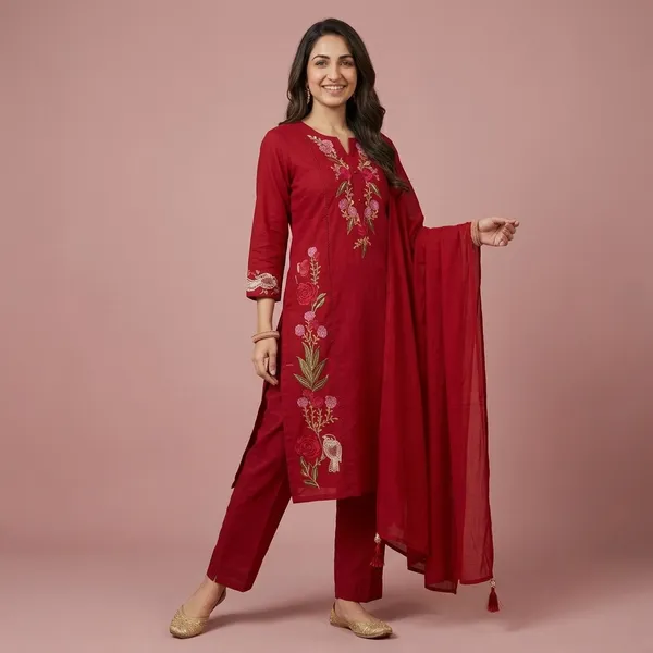 Red_Embroidered_Cotton_Kurta_Set_For_Women