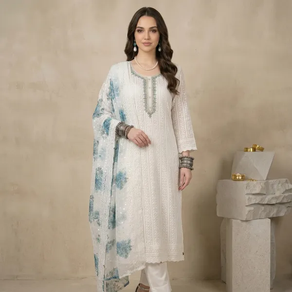 White_Blue_Chikankari_Embroidered_Georgette_Unstitched_Suit_Set_With_Floral_Dupatta_For_Women
