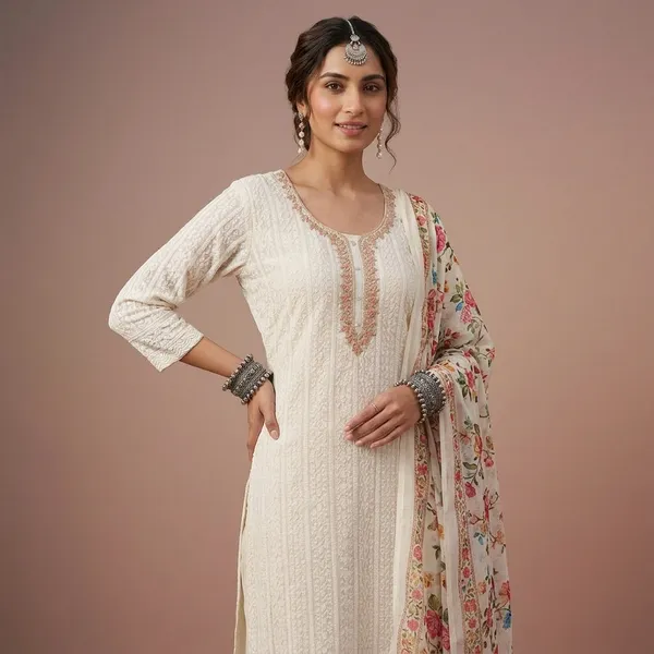 White_Peach_Chikankari_Embroidered_Unstitched_Suit_Set_With_Floral_Dupatta_For_Women