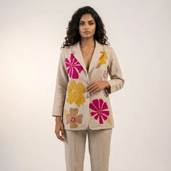 Beige_Linen_Floral_Embroidered_Blazer_Set_With_Top_For_Women