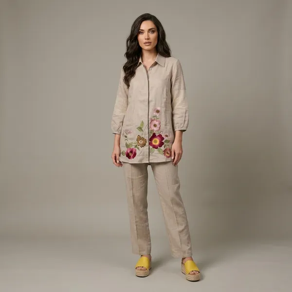 Beige_Jute_Linen_Floral_Embroidered_Tunic_And_Pant_Set_For_Women
