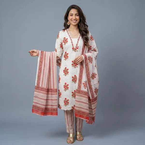 White_And_Red_Floral_Print_Cotton_Kurta_Set_For_Women