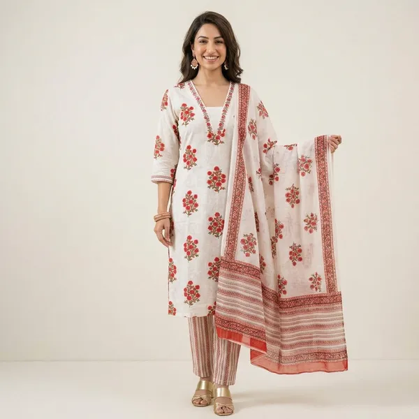 White_And_Red_Floral_Print_Cotton_Kurta_Set_For_Women