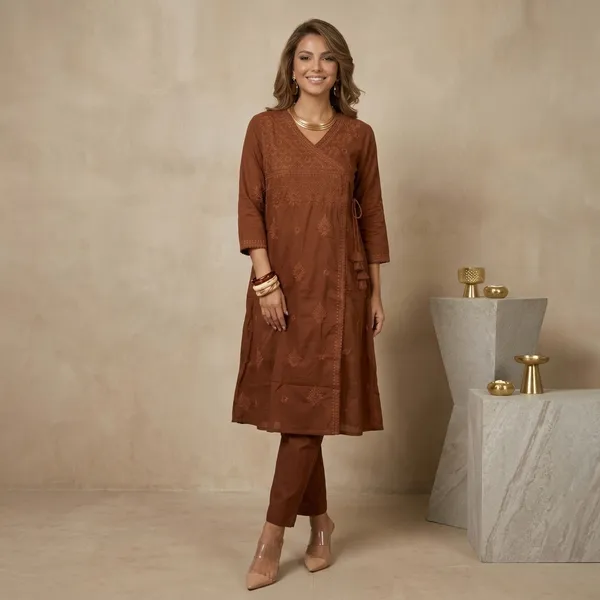 Brown_Embroidered_Angrakha_Cotton_Kurta_Set_For_Women