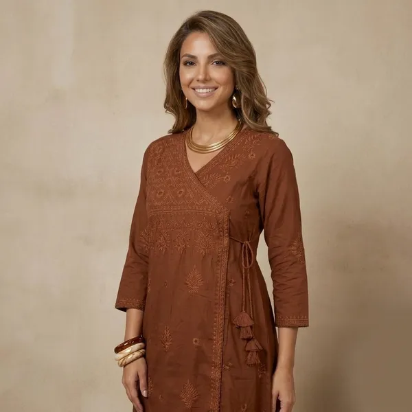 Brown_Embroidered_Angrakha_Cotton_Kurta_Set_For_Women