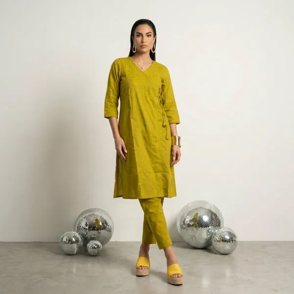 Green_Cotton_Embroidered_Angrakha_Kurta_Set_For_Women