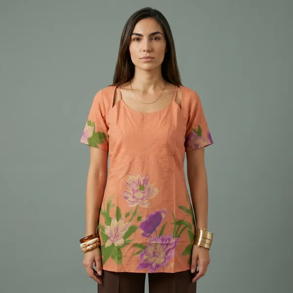 Peach_Floral_Print_Cold_Shoulder_Tunic_Top_For_Women