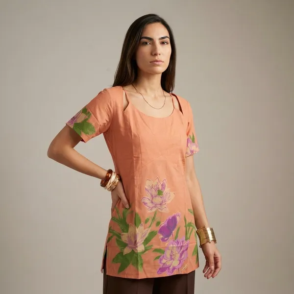 Peach_Floral_Print_Cold_Shoulder_Tunic_Top_For_Women