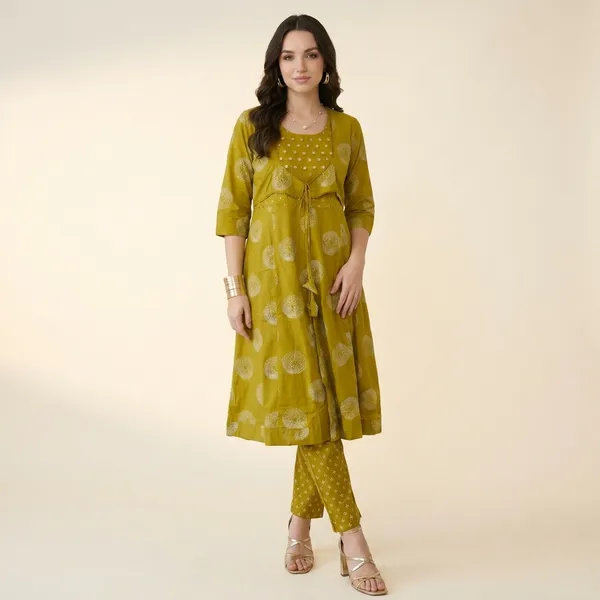 Green_Yellow_Block_Print_Cotton_Kurta_Set_With_Jacket_For_Women