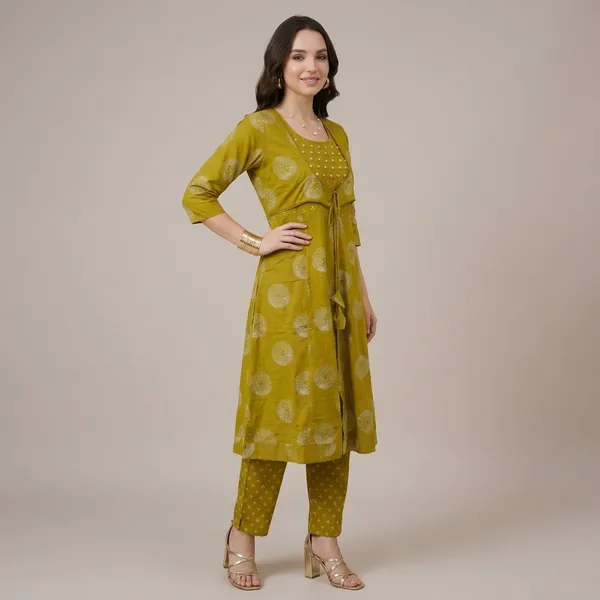 Green_Yellow_Block_Print_Cotton_Kurta_Set_With_Jacket_For_Women