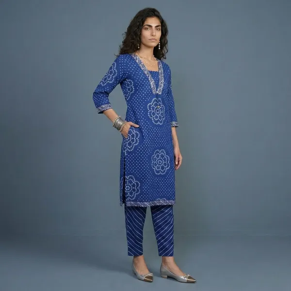 Blue_Bandhani_Print_Cotton_Kurta_Pant_Set_For_Women