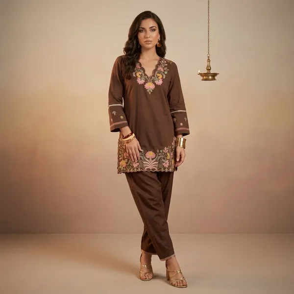 Brown_Embroidered_Kurta_Set_For_Women