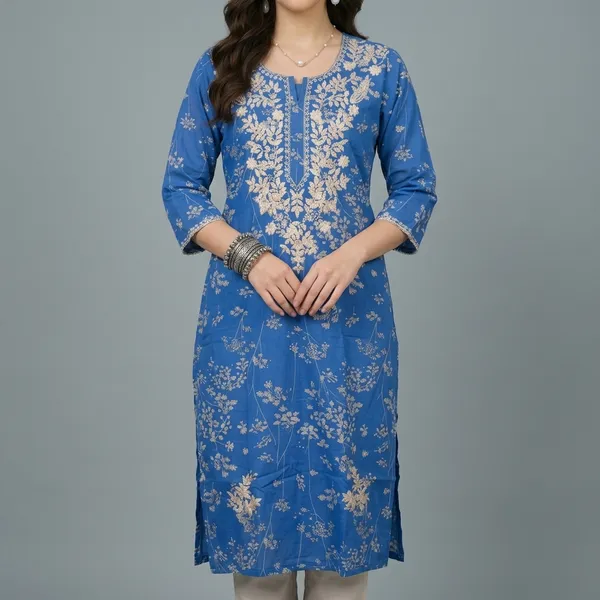 Blue_Floral_Printed_Cotton_Kurta_Set_For_Women