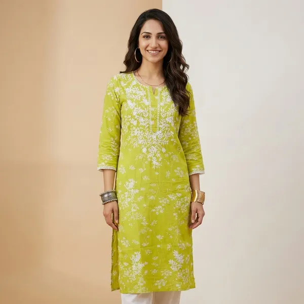 Green_And_White_Floral_Embroidered_Straight_Kurta_Set_For_Women