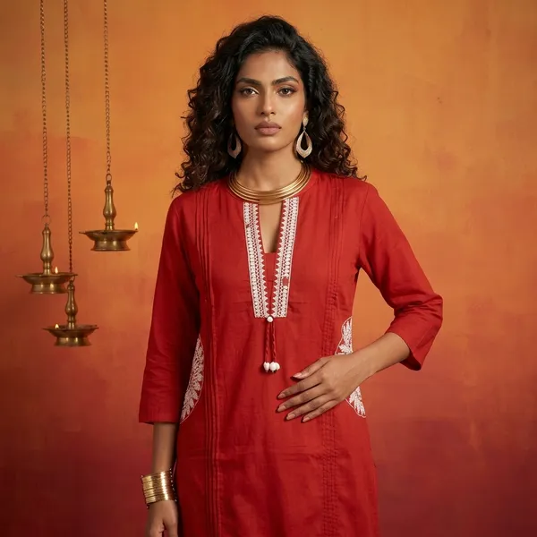 Red_Cotton_Embroidered_Straight_Kurta_Set_For_Women