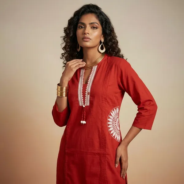 Red_Cotton_Embroidered_Straight_Kurta_Set_For_Women