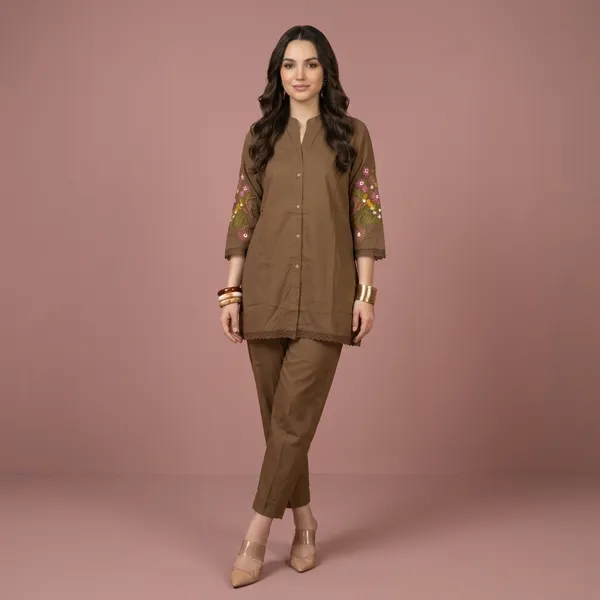 Brown_Embroidered_Cotton_Co-Ord_Set_For_Women