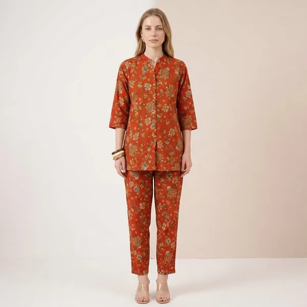 Orange_Floral_Printed_Cotton_Co-Ord_Set_For_Women