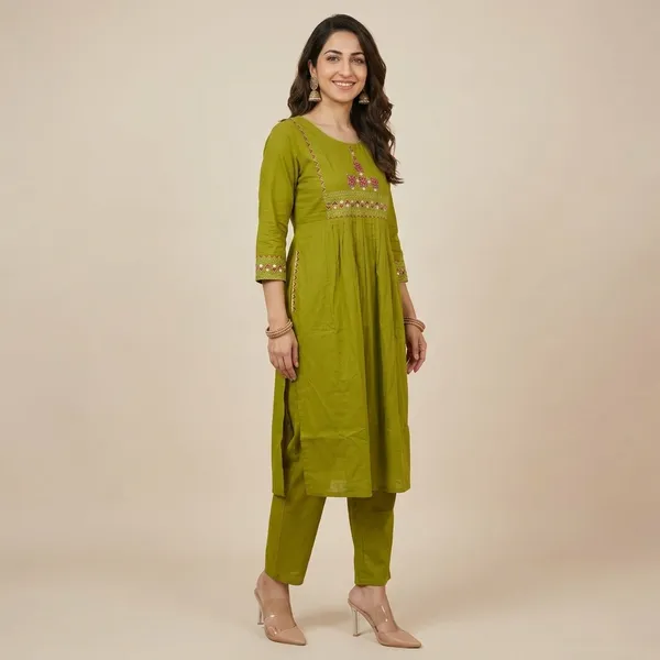 Olive_Green_Embroidered_A-Line_Kurta_With_Pants_Set_For_Women
