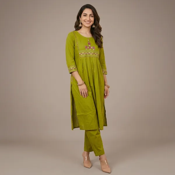 Olive_Green_Embroidered_A-Line_Kurta_With_Pants_Set_For_Women