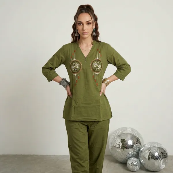 Olive_Green_Embroidered_V-Neck_Co-Ord_Set_For_Women