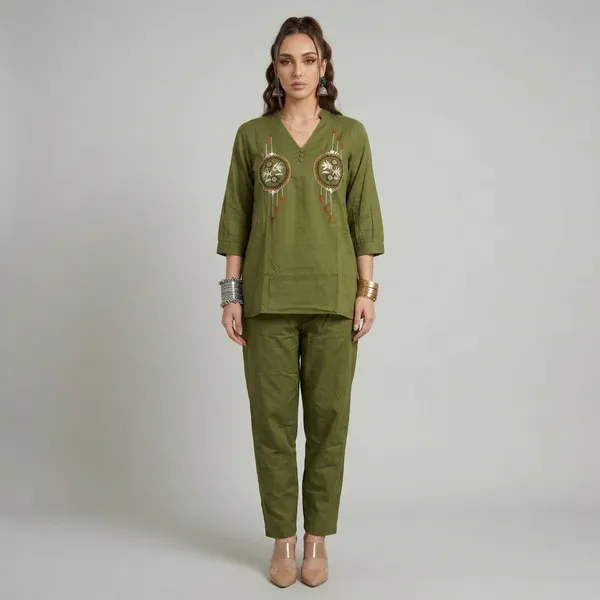 Olive_Green_Embroidered_V-Neck_Co-Ord_Set_For_Women