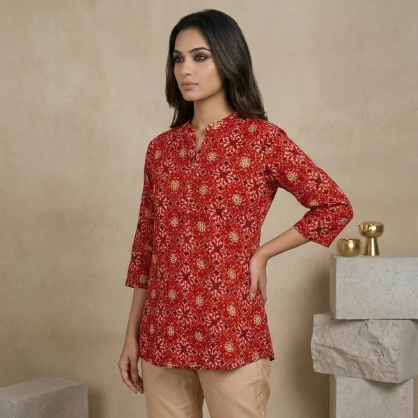 Red_Floral_Print_Cotton_Short_Kurta_For_Women