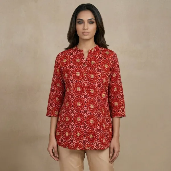 Red_Floral_Print_Cotton_Short_Kurta_For_Women