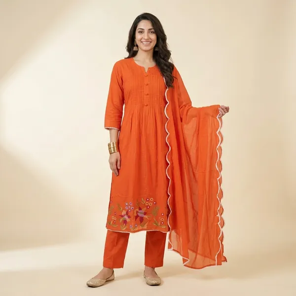 Orange_Floral_Embroidered_Cotton_Kurta_Set_For_Women