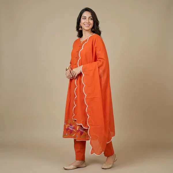 Orange_Floral_Embroidered_Cotton_Kurta_Set_For_Women