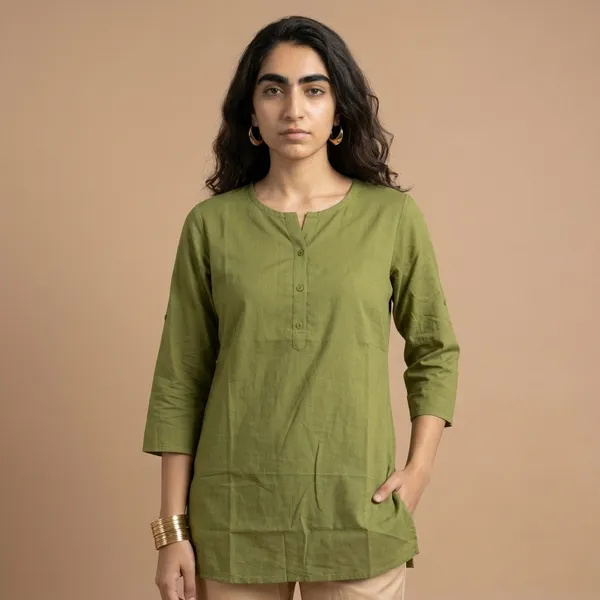 Olive_Green_Cotton_Short_Kurta_For_Women