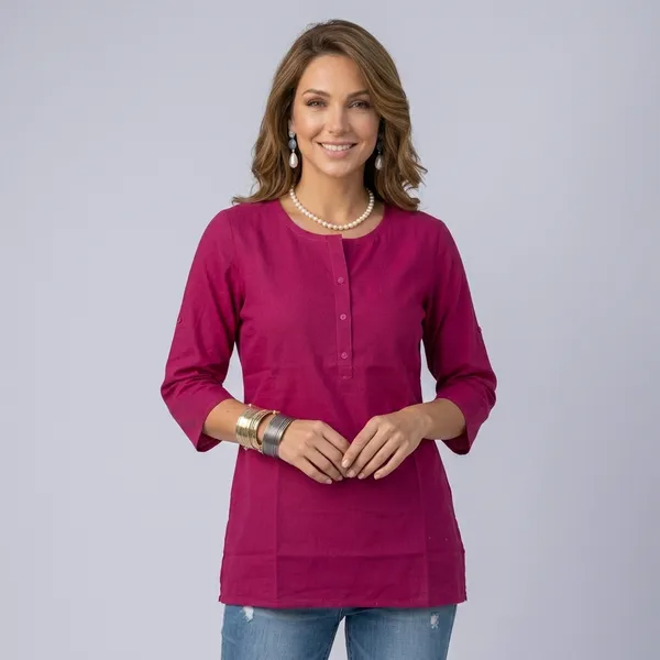 Magenta_Cotton_Three_Quarter_Sleeve_Tunic_For_Women